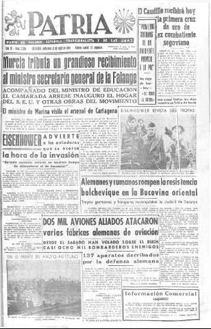 'Patria  : diario de Falange Española Tradicionalista y de las J.O.N.S.' - Año IX Número 2300  - 1944 Abril 12