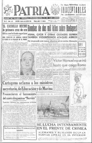 'Patria  : diario de Falange Española Tradicionalista y de las J.O.N.S.' - Año IX Número 2302  - 1944 Abril 14