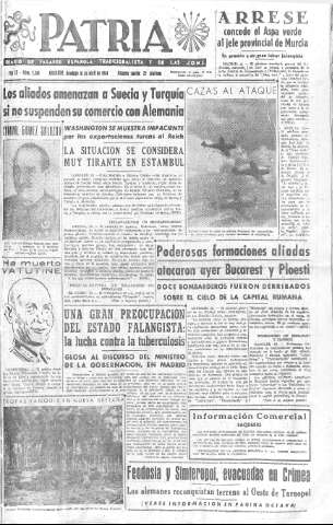 'Patria  : diario de Falange Española Tradicionalista y de las J.O.N.S.' - Año IX Número 2304  - 1944 Abril 16