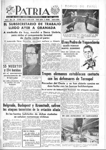'Patria  : diario de Falange Española Tradicionalista y de las J.O.N.S.' - Año IX Número 2305 2ª ed. - 1944 Abril 17