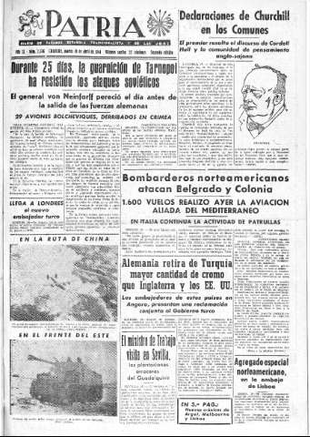 'Patria  : diario de Falange Española Tradicionalista y de las J.O.N.S.' - Año IX Número 2306 2ª ed. - 1944 Abril 18