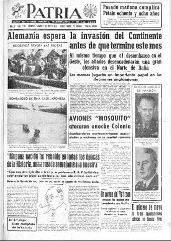 'Patria  : diario de Falange Española Tradicionalista y de las J.O.N.S.' - Año IX Número 2310 2ª ed. - 1944 Abril 22