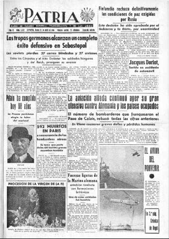 'Patria  : diario de Falange Española Tradicionalista y de las J.O.N.S.' - Año IX Número 2312 2ª ed. - 1944 Abril 24