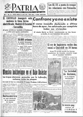 'Patria  : diario de Falange Española Tradicionalista y de las J.O.N.S.' - Año IX Número 2314 2ª ed. - 1944 Abril 26