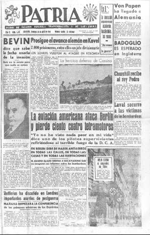 'Patria  : diario de Falange Española Tradicionalista y de las J.O.N.S.' - Año IX Número 2318  - 1944 Abril 30