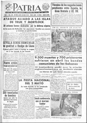 'Patria  : diario de Falange Española Tradicionalista y de las J.O.N.S.' - Año IX Número 2320 2ª ed. - 1944 Mayo 02