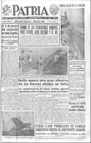 'Patria  : diario de Falange Española Tradicionalista y de las J.O.N.S.' - Año IX Número 2321  - 1944 Mayo 03