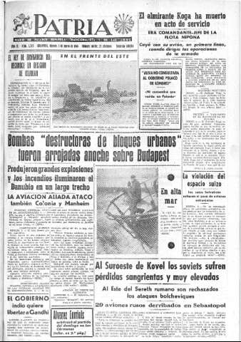 'Patria  : diario de Falange Española Tradicionalista y de las J.O.N.S.' - Año IX Número 2323 2ª ed. - 1944 Mayo 05