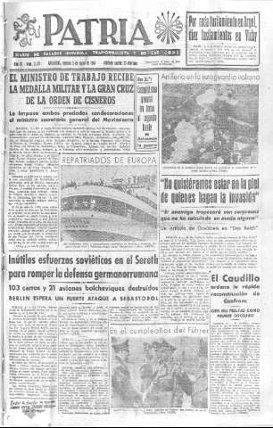 'Patria  : diario de Falange Española Tradicionalista y de las J.O.N.S.' - Año IX Número 2323  - 1944 Mayo 05