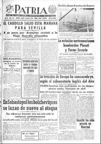 'Patria  : diario de Falange Española Tradicionalista y de las J.O.N.S.' - Año IX Número 2324 2ª ed. - 1944 Mayo 06