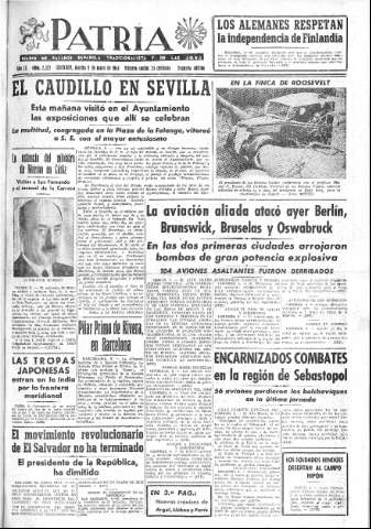 'Patria  : diario de Falange Española Tradicionalista y de las J.O.N.S.' - Año IX Número 2327 2ª ed. - 1944 Mayo 09