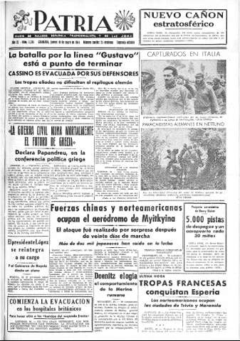 'Patria  : diario de Falange Española Tradicionalista y de las J.O.N.S.' - Año IX Número 2335 2ª ed. - 1944 Mayo 18