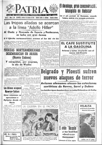 'Patria  : diario de Falange Española Tradicionalista y de las J.O.N.S.' - Año IX Número 2336 2ª ed. - 1944 Mayo 19