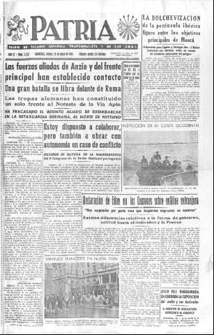 'Patria  : diario de Falange Española Tradicionalista y de las J.O.N.S.' - Año IX Número 2342  - 1944 Mayo 26