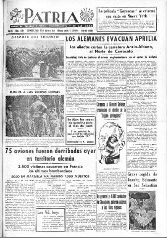 'Patria  : diario de Falange Española Tradicionalista y de las J.O.N.S.' - Año IX Número 2344 2ª ed. - 1944 Mayo 29