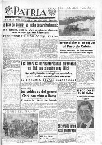 'Patria  : diario de Falange Española Tradicionalista y de las J.O.N.S.' - Año IX Número 2346 2ª ed. - 1944 Junio 01