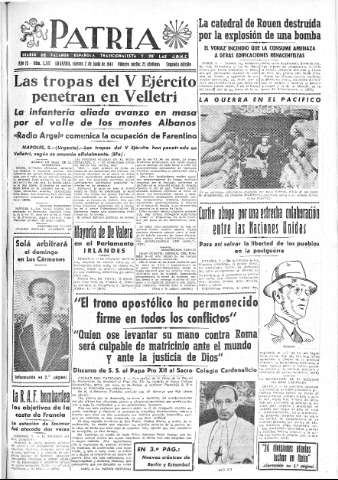 'Patria  : diario de Falange Española Tradicionalista y de las J.O.N.S.' - Año IX Número 2347 2ª ed. - 1944 Junio 02