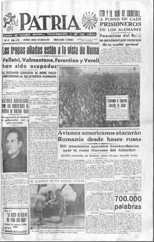 'Patria  : diario de Falange Española Tradicionalista y de las J.O.N.S.' - Año IX Número 2348  - 1944 Junio 03