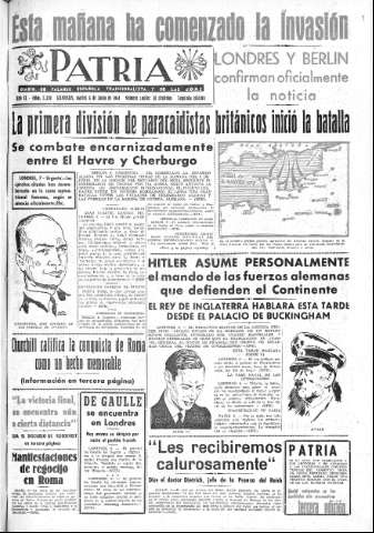 'Patria  : diario de Falange Española Tradicionalista y de las J.O.N.S.' - Año IX Número 2350 2ª ed. - 1944 Junio 06