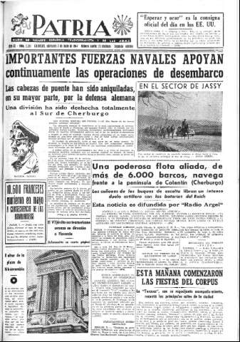 'Patria  : diario de Falange Española Tradicionalista y de las J.O.N.S.' - Año IX Número 2351 2ª ed. - 1944 Junio 07