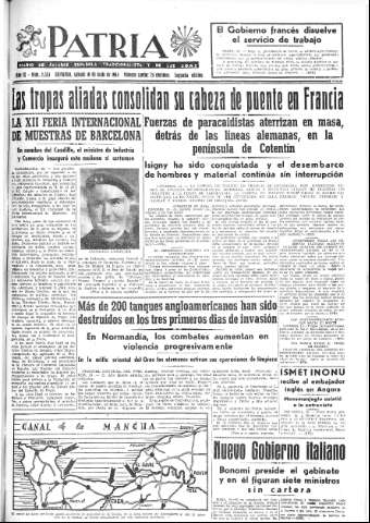 'Patria  : diario de Falange Española Tradicionalista y de las J.O.N.S.' - Año IX Número 2353 2ª ed. - 1944 Junio 10