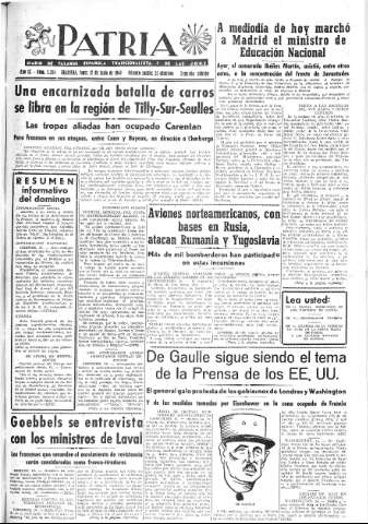 'Patria  : diario de Falange Española Tradicionalista y de las J.O.N.S.' - Año IX Número 2354 2ª ed. - 1944 Junio 12