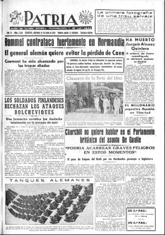 'Patria  : diario de Falange Española Tradicionalista y de las J.O.N.S.' - Año IX Número 2356 2ª ed. - 1944 Junio 14