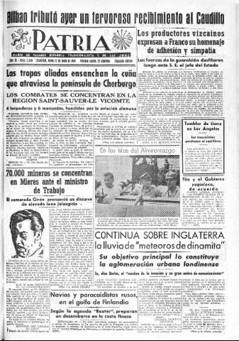 'Patria  : diario de Falange Española Tradicionalista y de las J.O.N.S.' - Año IX Número 2360 2ª ed. - 1944 Junio 19
