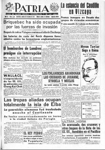 'Patria  : diario de Falange Española Tradicionalista y de las J.O.N.S.' - Año IX Número 2361 2ª ed. - 1944 Junio 20