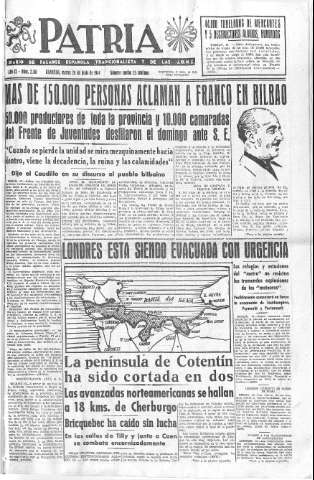 'Patria  : diario de Falange Española Tradicionalista y de las J.O.N.S.' - Año IX Número 2361  - 1944 Junio 20