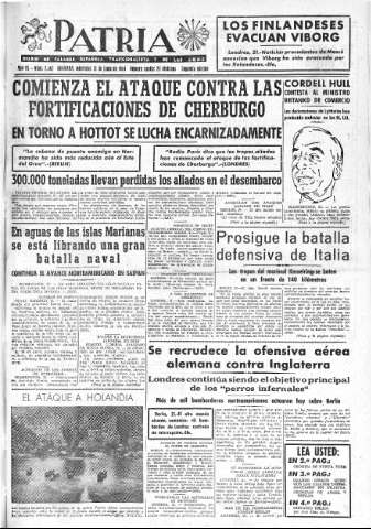'Patria  : diario de Falange Española Tradicionalista y de las J.O.N.S.' - Año IX Número 2362 2ª ed. - 1944 Junio 21