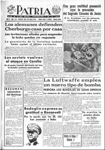 'Patria  : diario de Falange Española Tradicionalista y de las J.O.N.S.' - Año IX Número 2366 2ª ed. - 1944 Junio 26