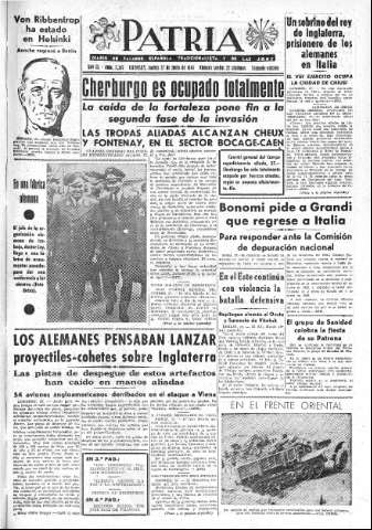 'Patria  : diario de Falange Española Tradicionalista y de las J.O.N.S.' - Año IX Número 2367 2ª ed. - 1944 Junio 27