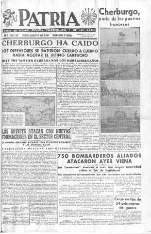 'Patria  : diario de Falange Española Tradicionalista y de las J.O.N.S.' - Año IX Número 2367  - 1944 Junio 27