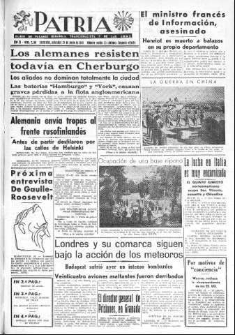 'Patria  : diario de Falange Española Tradicionalista y de las J.O.N.S.' - Año IX Número 2368 2ª ed. - 1944 Junio 28