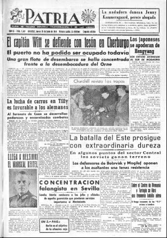 'Patria  : diario de Falange Española Tradicionalista y de las J.O.N.S.' - Año IX Número 2369 2ª ed. - 1944 Junio 29
