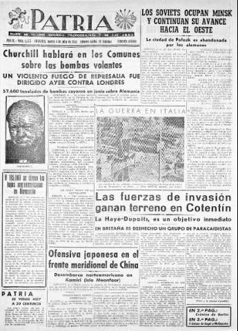 'Patria  : diario de Falange Española Tradicionalista y de las J.O.N.S.' - Año IX Número 2373 2ª ed. - 1944 Julio 04