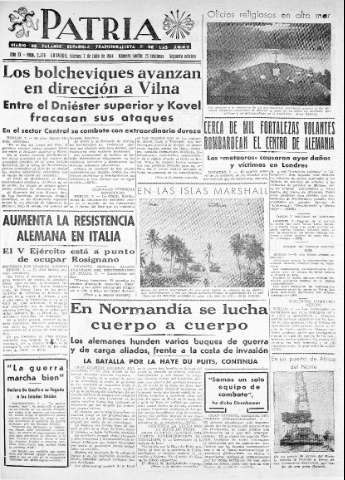 'Patria  : diario de Falange Española Tradicionalista y de las J.O.N.S.' - Año IX Número 2376 2ª ed. - 1944 Julio 07