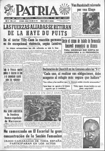 'Patria  : diario de Falange Española Tradicionalista y de las J.O.N.S.' - Año IX Número 2376  - 1944 Julio 07