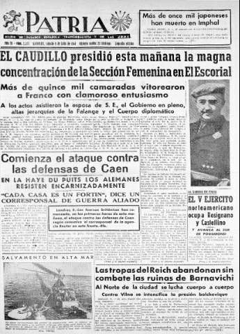 'Patria  : diario de Falange Española Tradicionalista y de las J.O.N.S.' - Año IX Número 2377 2ª ed. - 1944 Julio 08