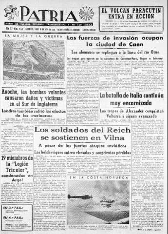 'Patria  : diario de Falange Española Tradicionalista y de las J.O.N.S.' - Año IX Número 2378 2ª ed. - 1944 Julio 10