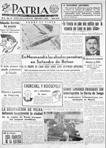'Patria  : diario de Falange Española Tradicionalista y de las J.O.N.S.' - Año IX Número 2381 2ª ed. - 1944 Julio 13