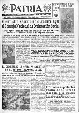 'Patria  : diario de Falange Española Tradicionalista y de las J.O.N.S.' - Año IX Número 2384  - 1944 Julio 16