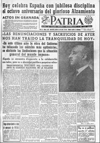 'Patria  : diario de Falange Española Tradicionalista y de las J.O.N.S.' - Año IX Número 2385  - 1944 Julio 18