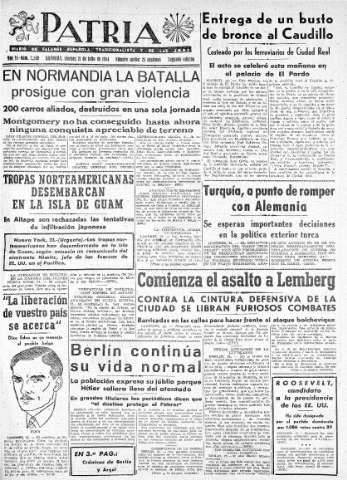 'Patria  : diario de Falange Española Tradicionalista y de las J.O.N.S.' - Año IX Número 2388 2ª ed. - 1944 Julio 21
