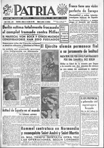 'Patria  : diario de Falange Española Tradicionalista y de las J.O.N.S.' - Año IX Número 2389  - 1944 Julio 22