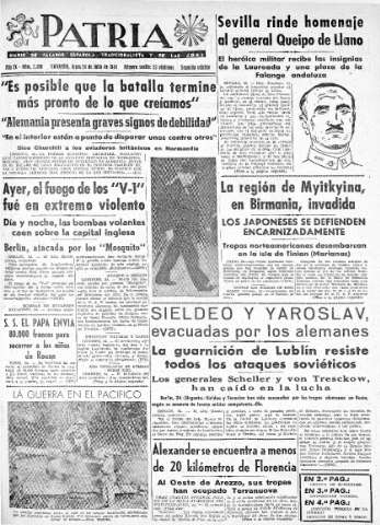 'Patria  : diario de Falange Española Tradicionalista y de las J.O.N.S.' - Año IX Número 2390 2ª ed. - 1944 Julio 24