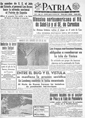 'Patria  : diario de Falange Española Tradicionalista y de las J.O.N.S.' - Año IX Número 2391 2ª ed. - 1944 Julio 25