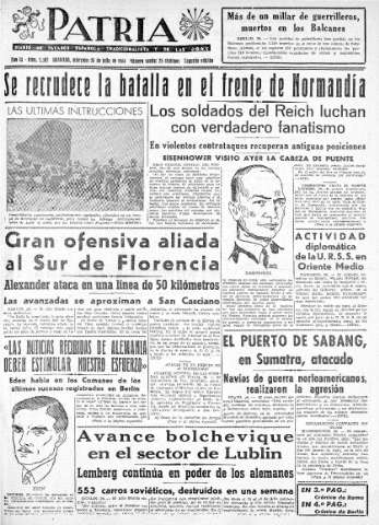 'Patria  : diario de Falange Española Tradicionalista y de las J.O.N.S.' - Año IX Número 2392 2ª ed. - 1944 Julio 26