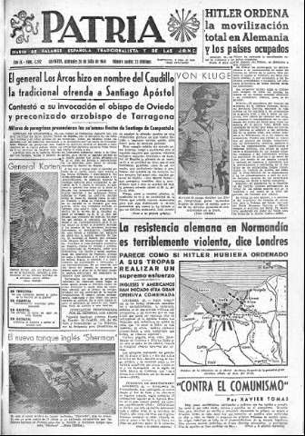 'Patria  : diario de Falange Española Tradicionalista y de las J.O.N.S.' - Año IX Número 2392  - 1944 Julio 26